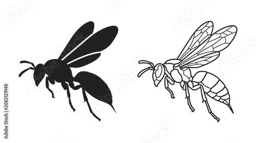Tableau sur toile Wasp Silhouette And Line Art Illustration On White Background