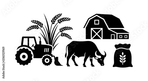 Agriculture Farming Icon Set with Tractor Rice Plant Water Buffalo Barn Symbols
