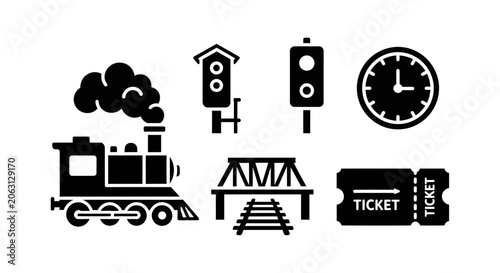 Steam Train Railway Travel Icon Set Locomotive Transportation Symbols