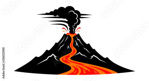 Volcano Eruption Icon with Lava Flow Smoke Cloud and Natural Disaster Symbol