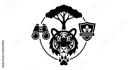 Tiger Emblem Icon with Tree Shield Tractor Binoculars and Wildlife Conservation Symbols