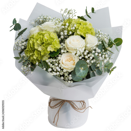 A floral bouquet featuring white roses, green hydrangeas, and baby breath, wrapped in white paper with a rustic twine bow, isolated