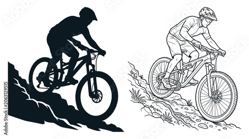 Mountain Biker Silhouette And Detailed Illustration On White Background