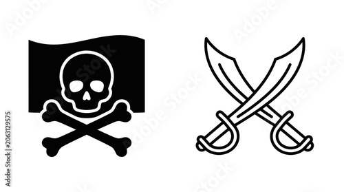 Konstfotografi Pirate Flag And Crossed Swords Black And White Line Art