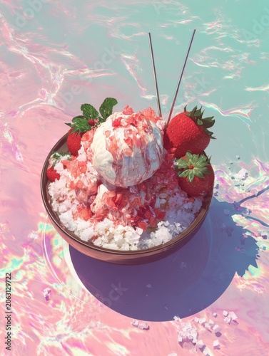 Overhead view of Korean Bingsu dessert with strawberries and condensed milk in a pastel setting.