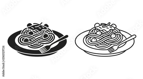 Obraz na plátně Spaghetti with meatballs and utensils black and white vector illustration