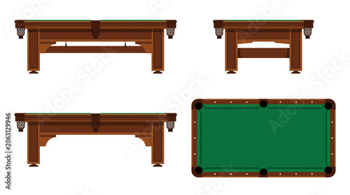 Billiard table sports equipment with front side rear and top views vector illustration
