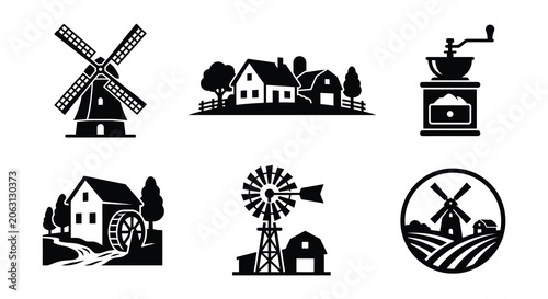 Cuadro en lienzo Collection Of Black Silhouette Icons Featuring Windmills And Rural Scenes