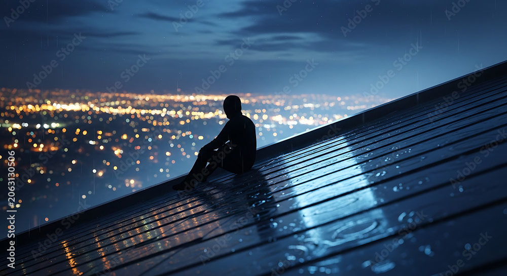 Fototapeta premium Silhouette of a man sitting on a rooftop looking at city night lights