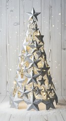 A Christmas tree made of stars with fairy lights on a wooden background
