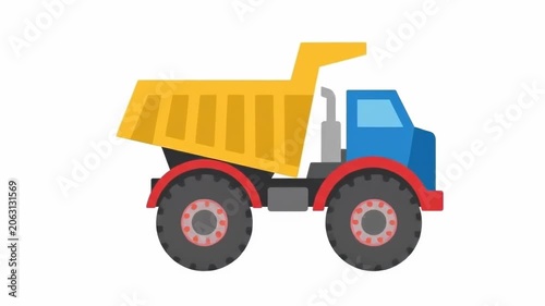 Tracking pan of toy dump truck rolling across white studio background in side profile, simple colorful illustration showing movement and playful children's concept