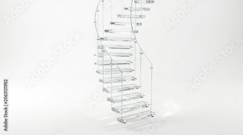 Modern transparent glass spiral staircase design on white background for luxury interior 3D rendering