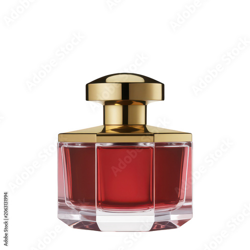 A glass perfume bottle with a deep red liquid inside and a shiny gold cap, isolated on a clean white background, for display
