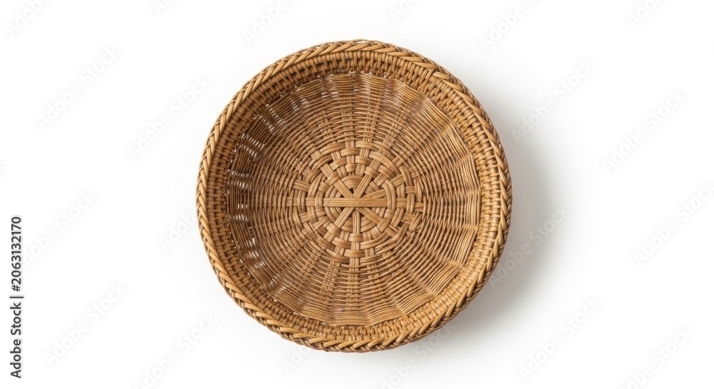 Fototapeta premium Handmade Wicker Basket Top View Isolated on White Background, Rustic Decoration