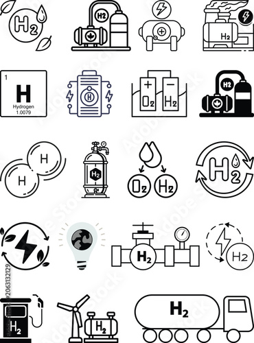 Hydrogen energy and clean technology icon set featuring fuel cells, hydrogen molecules, renewable power, eco innovation, and sustainable energy symbols in modern vector style.