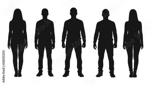 Human silhouettes standing against a white background full body view