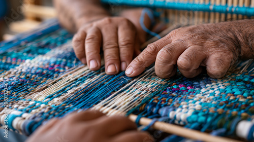 Over-the-shoulder view of a master weaver's hands demonstrating complex loom threading to an apprentice, generational craft transmission captured in close detail, traditional backstrap loom stretche