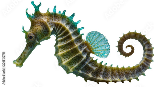 Quadro su tela Spotted seahorse with green crown and blue fin