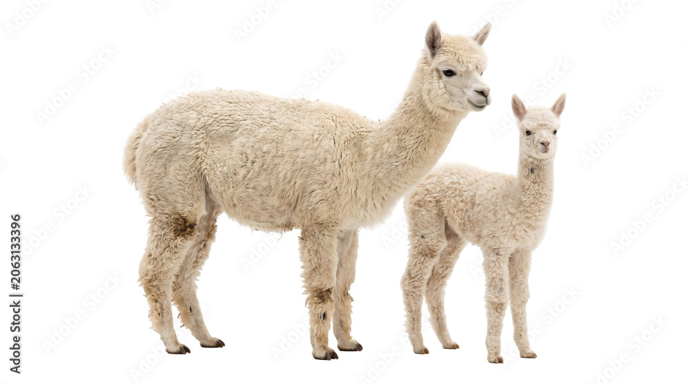 Fototapeta premium Alpaca adult and baby cria standing together with fluffy white wool coats as a PNG on isolated transparent background
