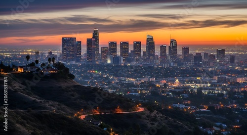 A city skyline at sunset with numerous skyscrapers and buildings illuminated against a vibrant orange and purple sky
