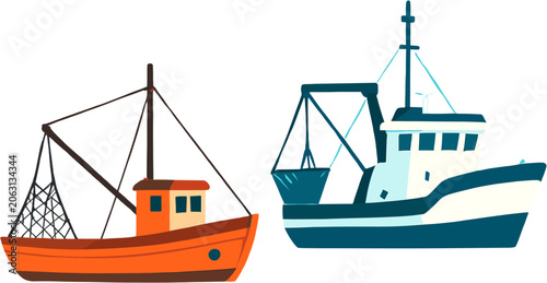 Tableau sur toile Two distinct fishing boats, one orange with a net and mast, the other blue and white with a more modern superstructure and crane, are depicted side-by-side against a white background