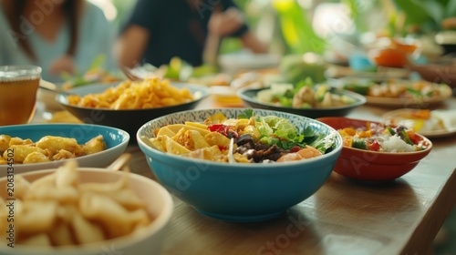 Healthy bowl of noodles and vegetables on a busy dining table.