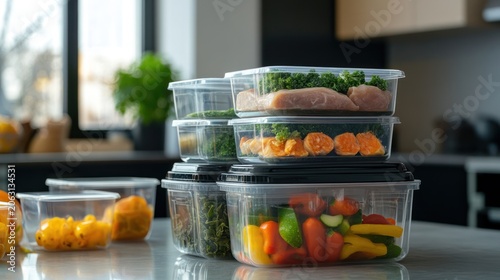 Healthy food storage containers organized with prepped ingredients for weight loss.