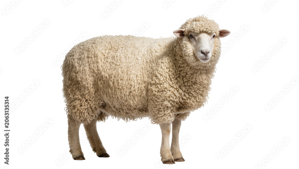Fototapeta premium Fluffy sheep with thick wool standing on white