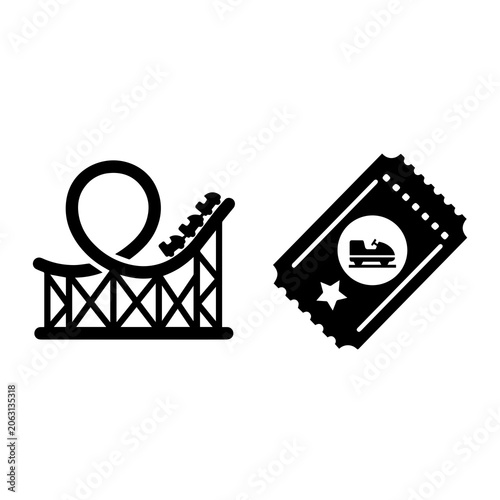Roller coaster ride icon and amusement park ticket with car silhouette graphic