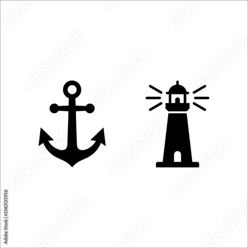 Minimalist anchor and lighthouse icon set for nautical design with lighthouse
