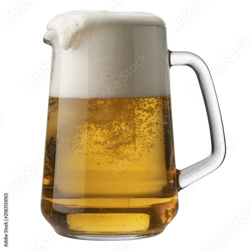 A large glass beer mug filled with golden lager, topped with a thick layer of white foam, isolated against a solid dark background, for drinks