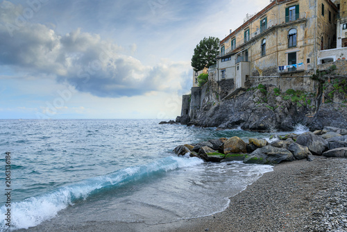 Amalfi Coast, southern Italy: townscape of Minori with a glimpse of the historic center from the beach.