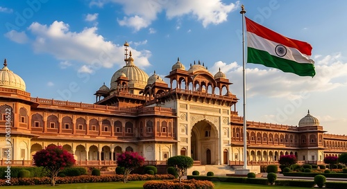 Majestic albert hall museum in jaipur with indian flag under blue sky