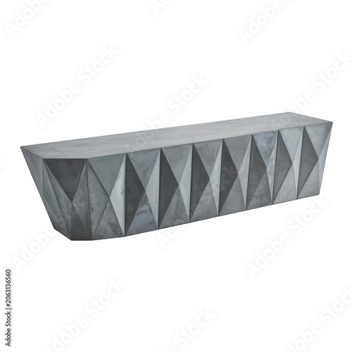 A long, rectangular concrete bench with a geometric diamond pattern carved into the front surface, isolated on a white background, studio shot