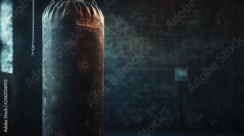 Heavy leather punching bag in a dark and moody gym setting.