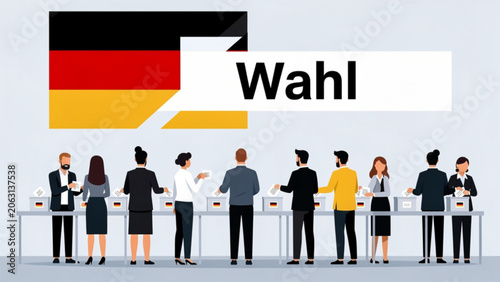 Contemporary election voting scene with diverse people at polling station with German flag in background