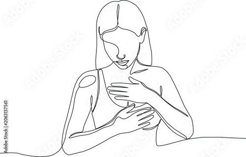 Continuous line drawing of a woman performing a breast selfexamination