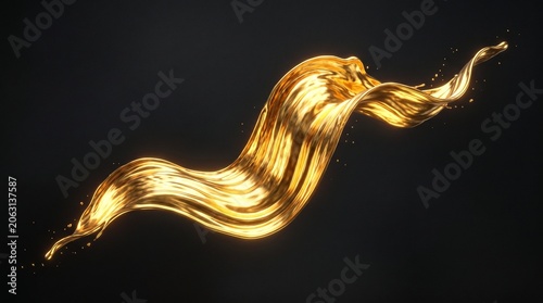 Dynamic golden liquid splash flowing wave with metallic shine on black background