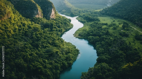 High-angle perspective of a blue river snaking through a dense forest valley.
