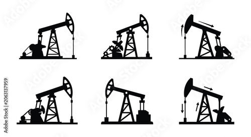 Cuadro en lienzo Oil pump silhouettes black vector graphics on a white background