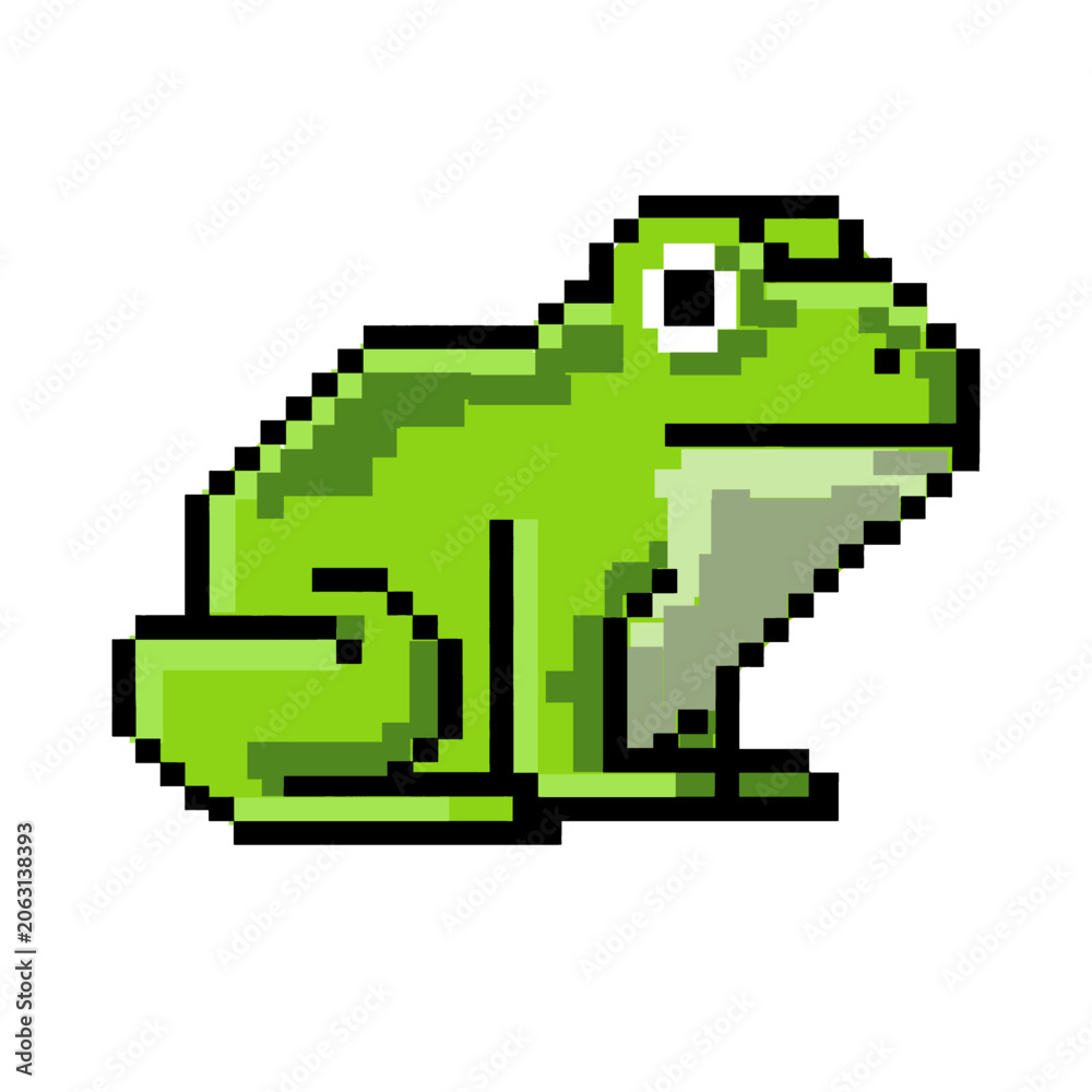 Obraz premium Green pixel frog character, retro platform game sprite