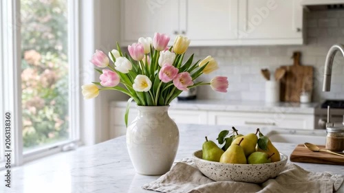Slow dolly in shot of vase of pink and yellow tulips and bowl of pears revealed on marble kitchen countertop by window in bright morning light, calm home interior