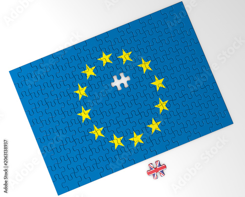 European flag puzzle. Britain's exit from Europe. Brexit puzzle with the flag of Great Britain separated from the rest of Europe. 3d rendering