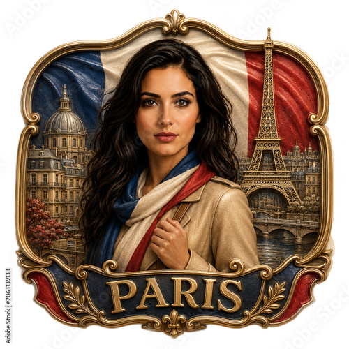 AI-Generated Ornate Badge Portrait of Woman with Paris Landmarks