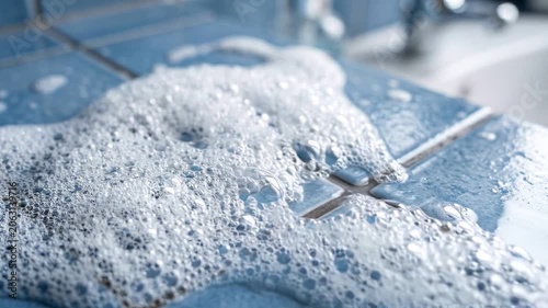 Tracking shot of soapy bubbles sliding across blue tiled sink surface during close up cleaning routine in bathroom, slow motion capture of foam spreading and dripping