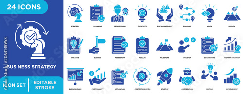 Foto Business strategy solid icon set with editable stroke for strategy, planning, professional, creativity, risk management, roadmap, vision, leadership