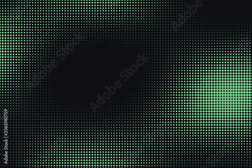 Green halftone dots pattern with a dark elliptical void, gradient circular grid on black background