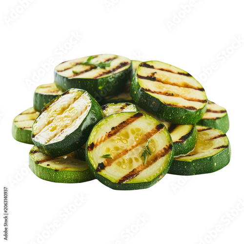 A pile of sliced zucchini rounds with visible brown grill marks, seasoned with herbs, stacked together on a dark background, for food