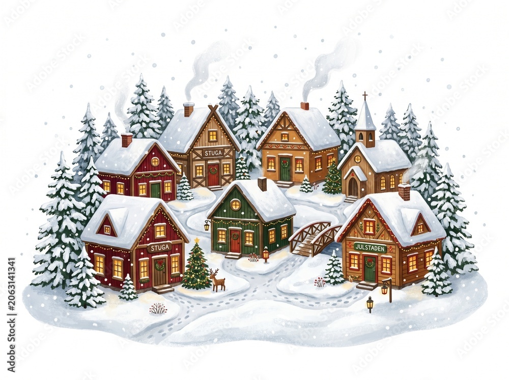 Fototapeta premium charming Scandinavian Christmas village with snow-covered houses, glowing windows, pine trees and soft falling snow, cozy Nordic illustration style, isolated on white background