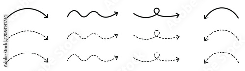 Schilderij op canvas Curved arrows set, smooth dashed and dotted line arrow styles for direction guidance, highlighting and infographic design elements